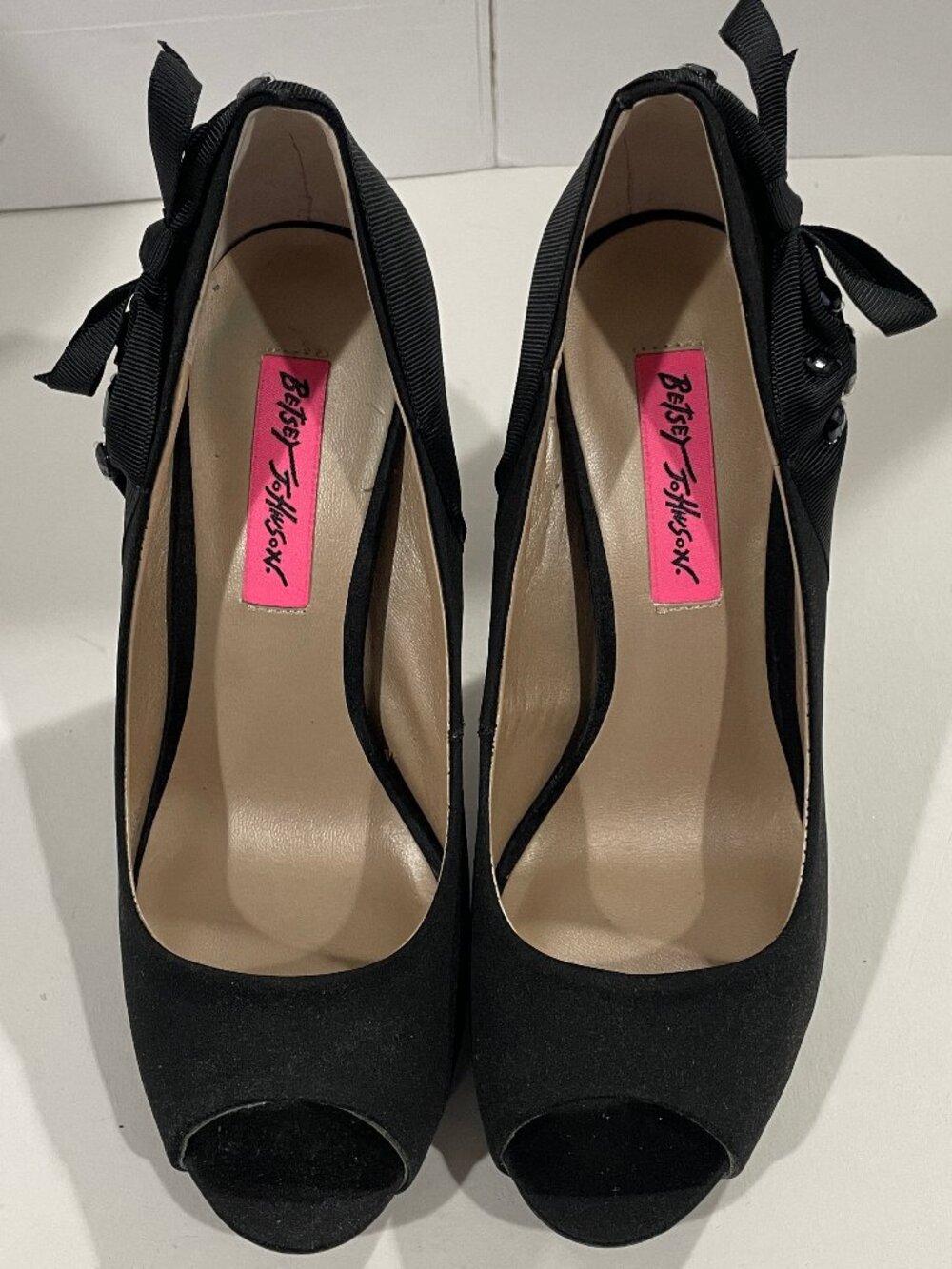 Womens Sz 6 Betsey Johnson Celestt Black Rhinestone Bow Stilletto Peep-Toe Heel